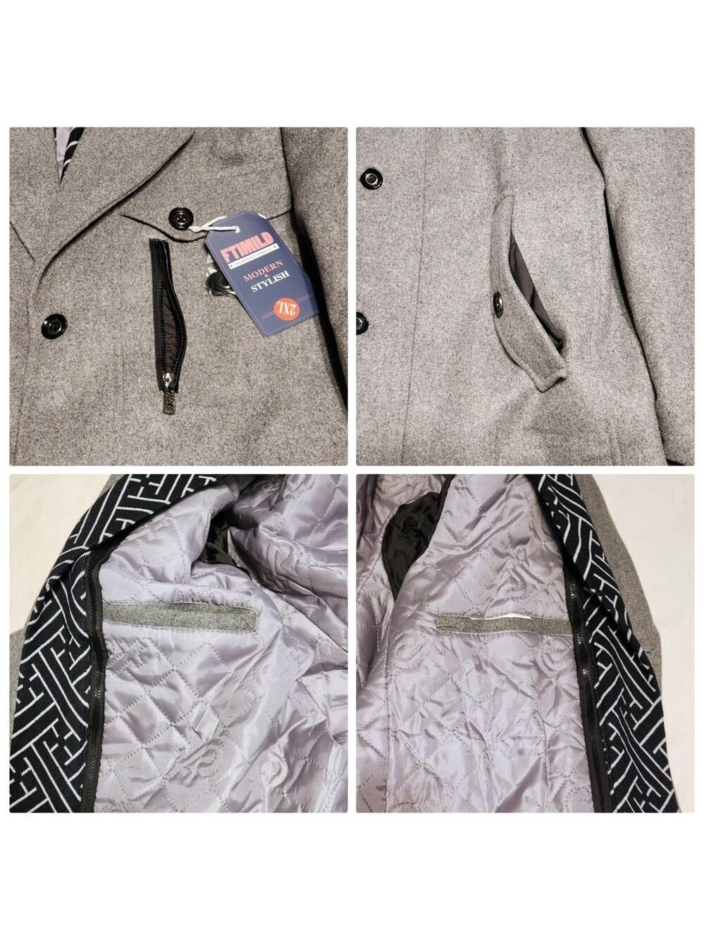 Amazon Wool Blend Detachable Scarf Mens Collar Trench Pea Coat Grey 2X-Large - Picture 4 of 8